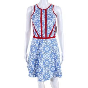 Ellelauri Womens Contrast Trim Abstract Print A line Dress Blue Size M